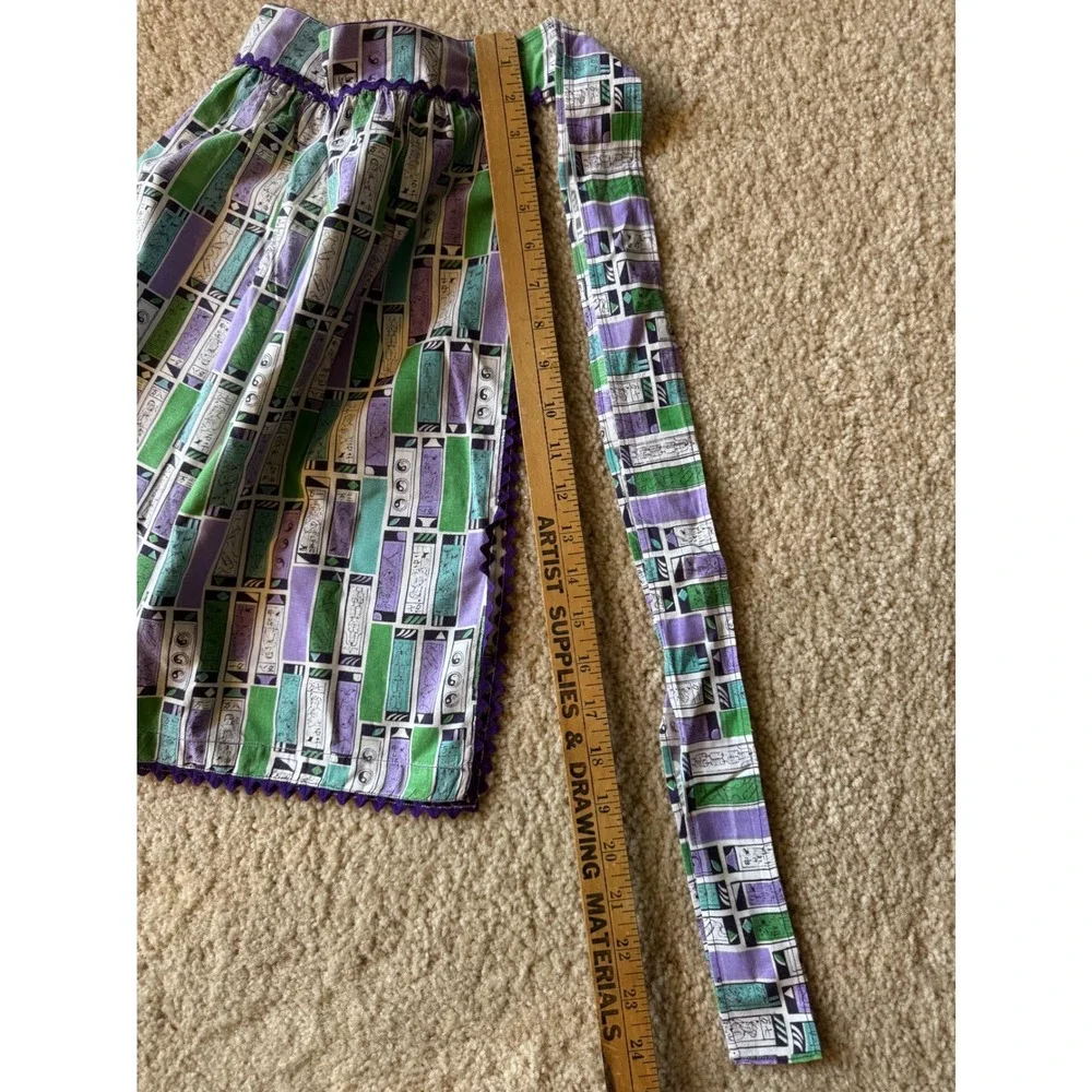 Vintage 1960s Handmade Half Apron Green Purple Rickrack Trim Novelty Print